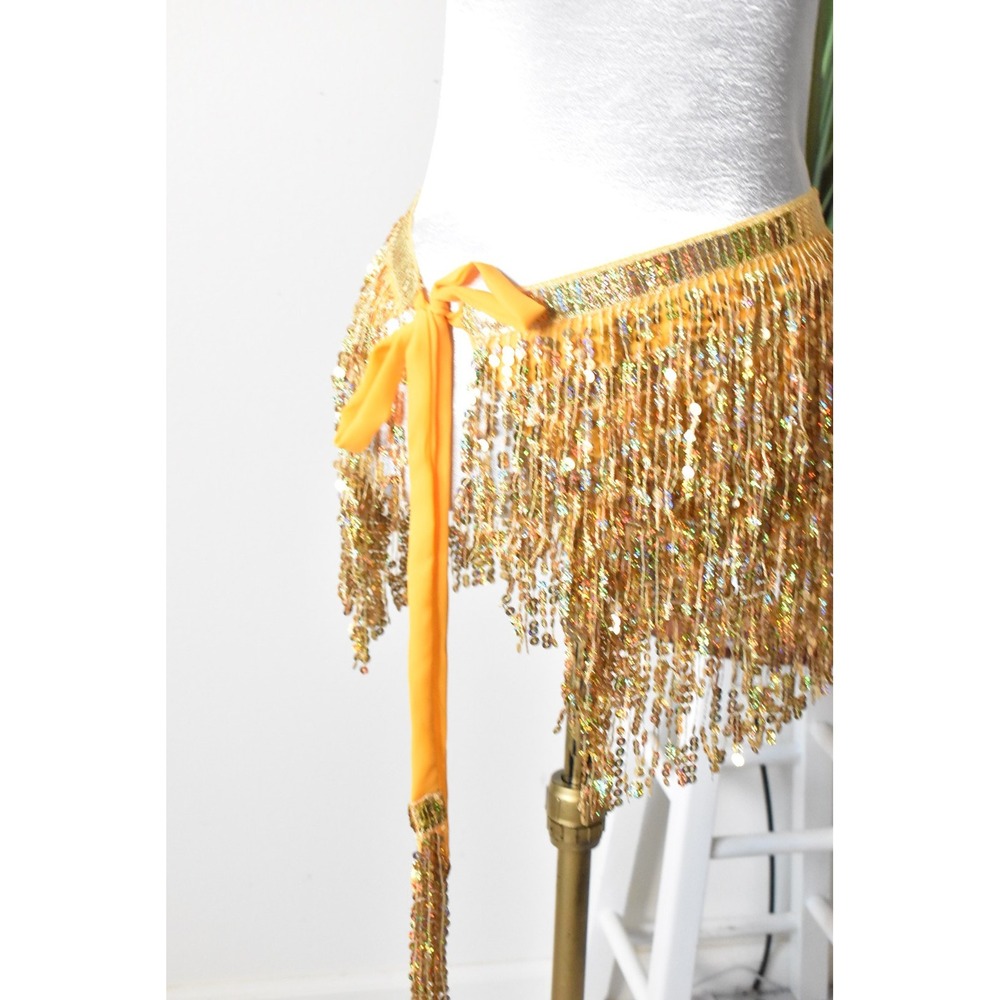 Sequin Hip Scarf Women One Size Gold Yellow Vintage Dance Wrap Skirt - Picture 4 of 10